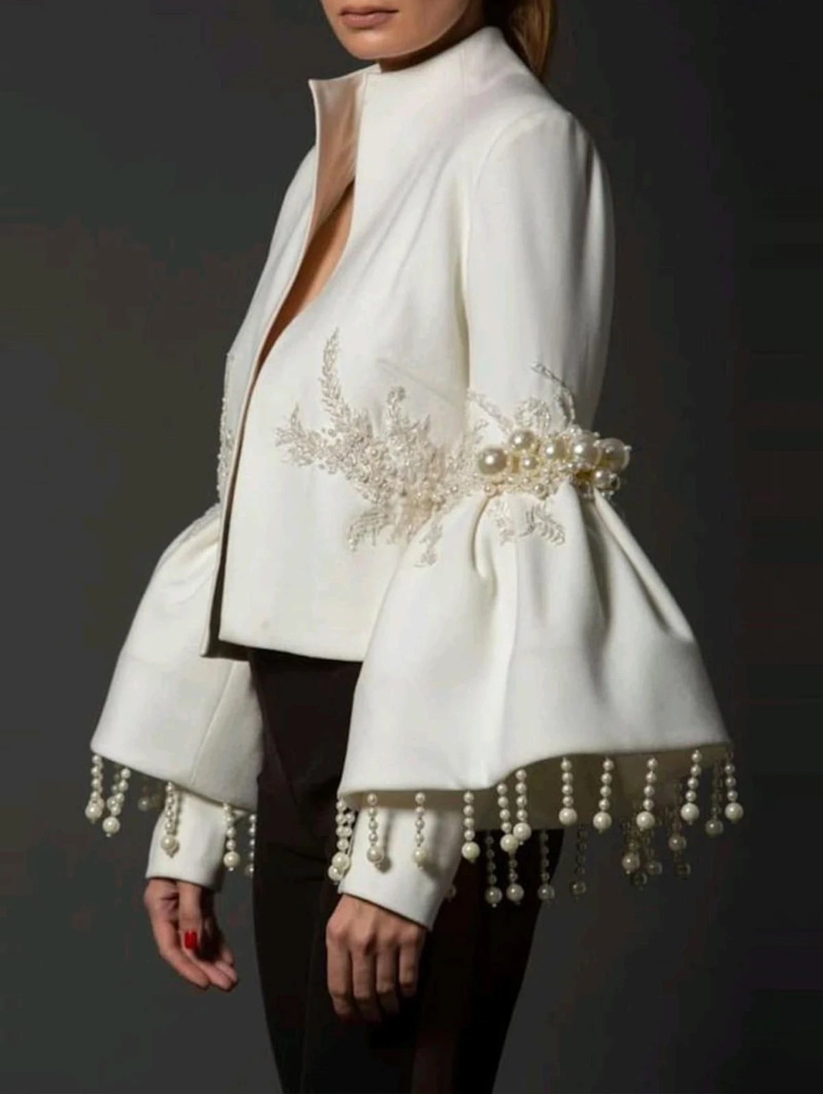 Vintage Elegante Stehkragen Jacken Frauen Frühling Perle Fransen Dekor Stickerei Ausgestellte Ärmel Mantel Party Abend Outer Image