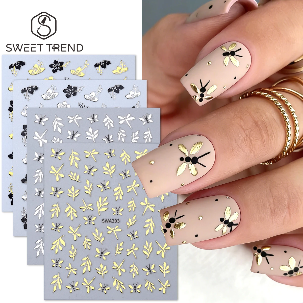 4 Stück Metallische Gold-Silber Libellen Nagelkunst-Aufkleber Hibiskus-Blätter Blumen-Design Trendige Sticker Sommer Insekten Maniküre Folien Image