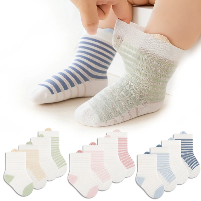 4 Paar gestreifte Babysocken, atmungsaktive Netz-Säuglingssocken, weiche Baumwoll-Kindersocken für Kinder Image