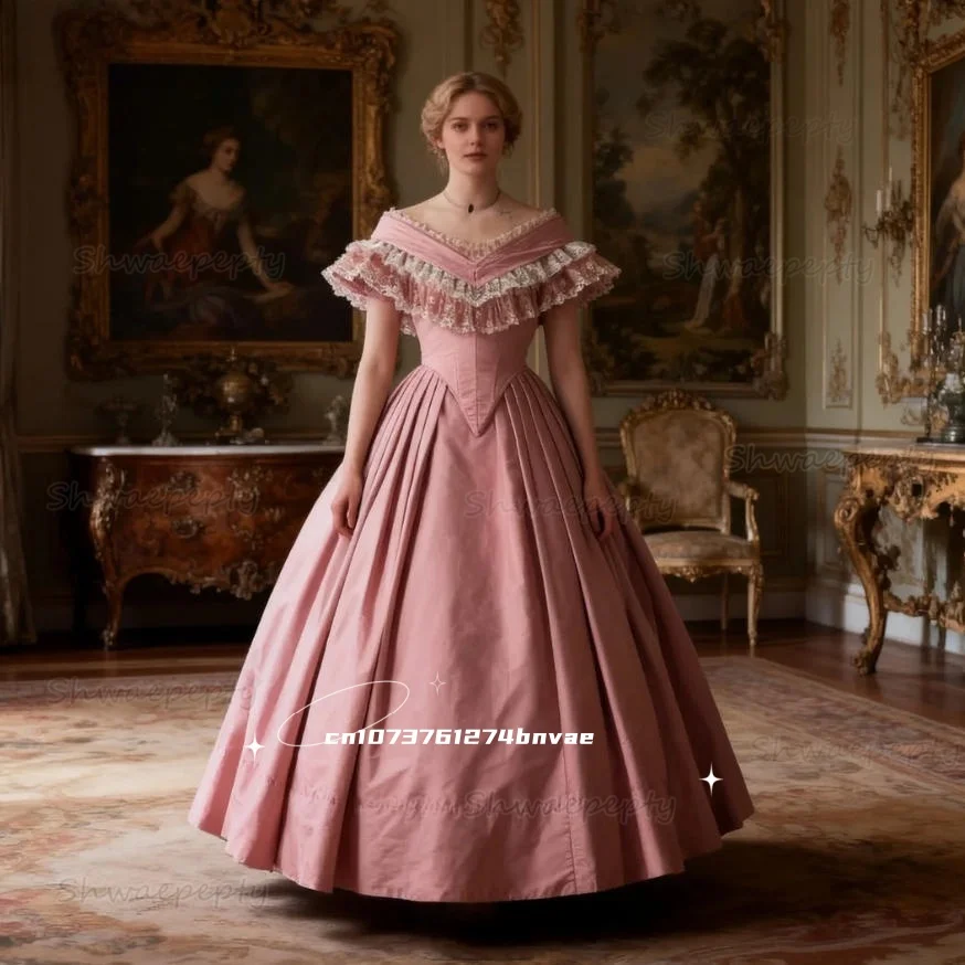 Vintage viktorianisches rosa Ballkleid mit kurzen Ärmeln, rosa Satin-Ballkleid, Bürgerkriegs-Prinzessin-Kostüm, individuelle elegante Abendkleider