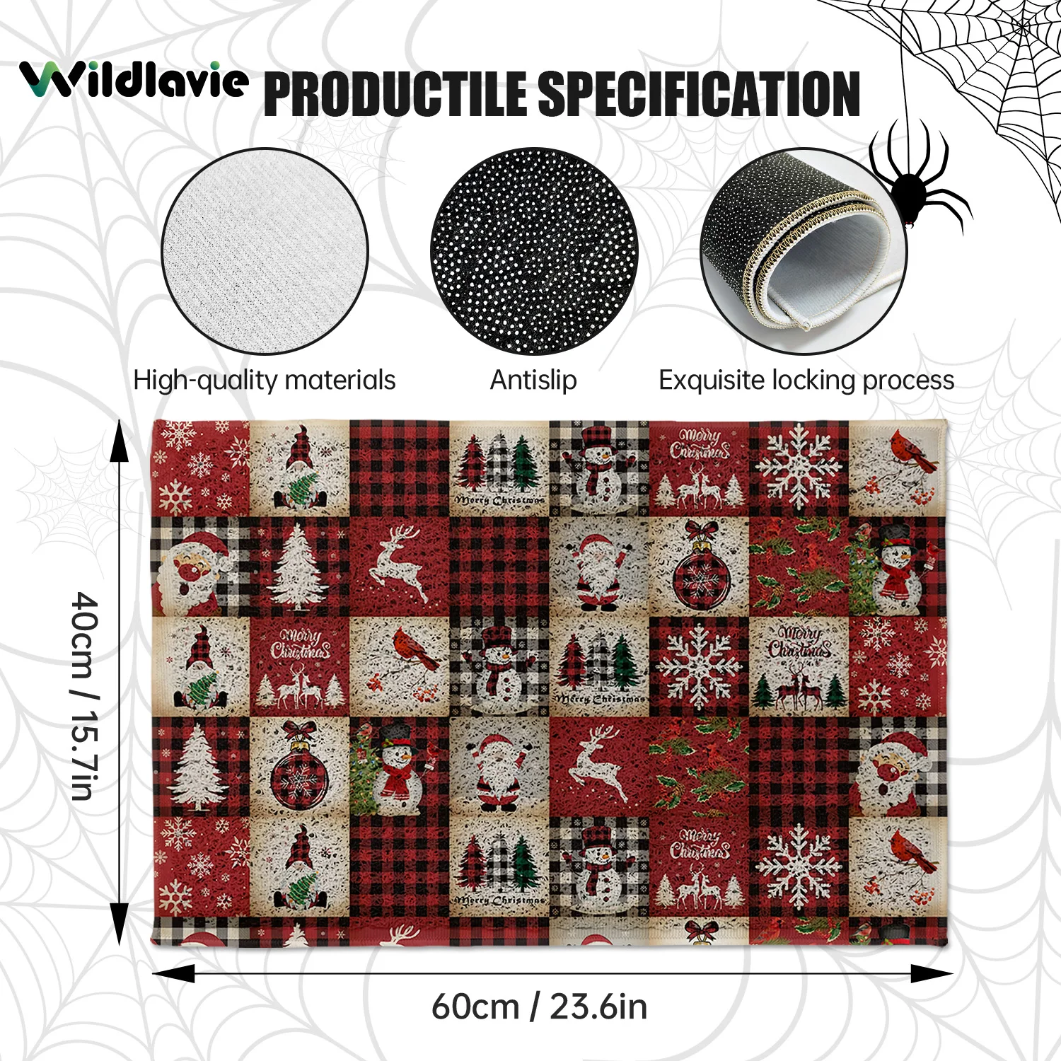 VIKAMA Weihnachtsteppich, Premium-Rot, kariert, waschbar, Fußmatte, wasserdicht, Willkommensmatte, Teppich für Schlafzimmer, Teppich für Wohnzimmer, Zuhause, Dezember Image
