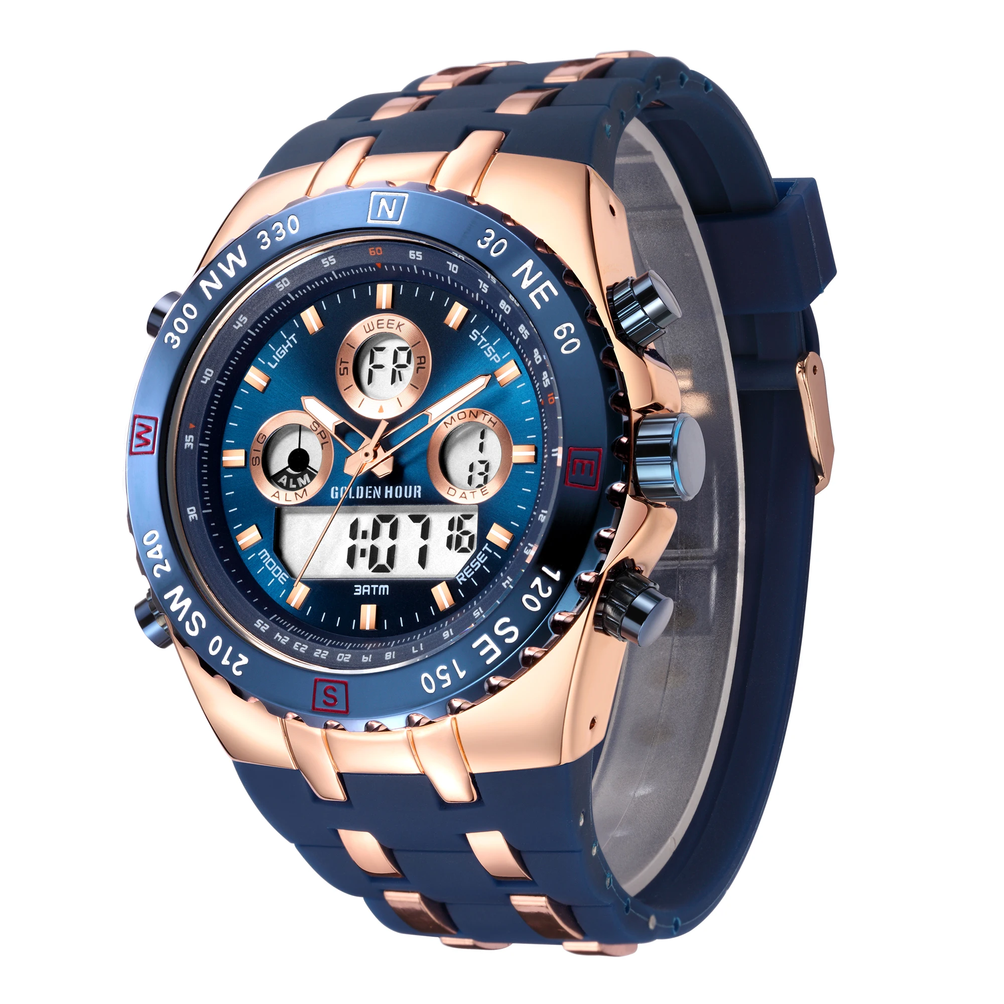 GOLDENHOUR Luxus-Herrenuhr in Blau, militärisch, taktisch, industriell, wasserdicht, LED, digital, analog, Dualzeit, Sport-Silikon-Armbanduhr Image