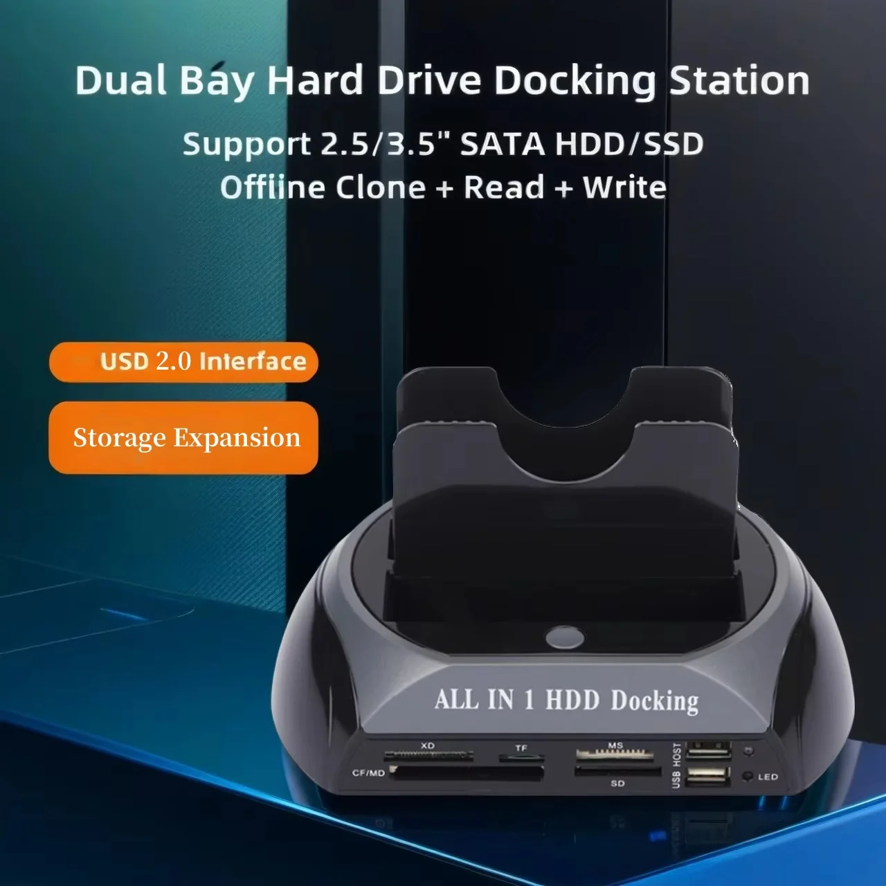 Dual-Bay USB 2.0 Dock mit Kartenleser (IDE/SATA/eSATA), All-in-One Festplatten-Klonfunktion für Einfache Datenverwaltung Image