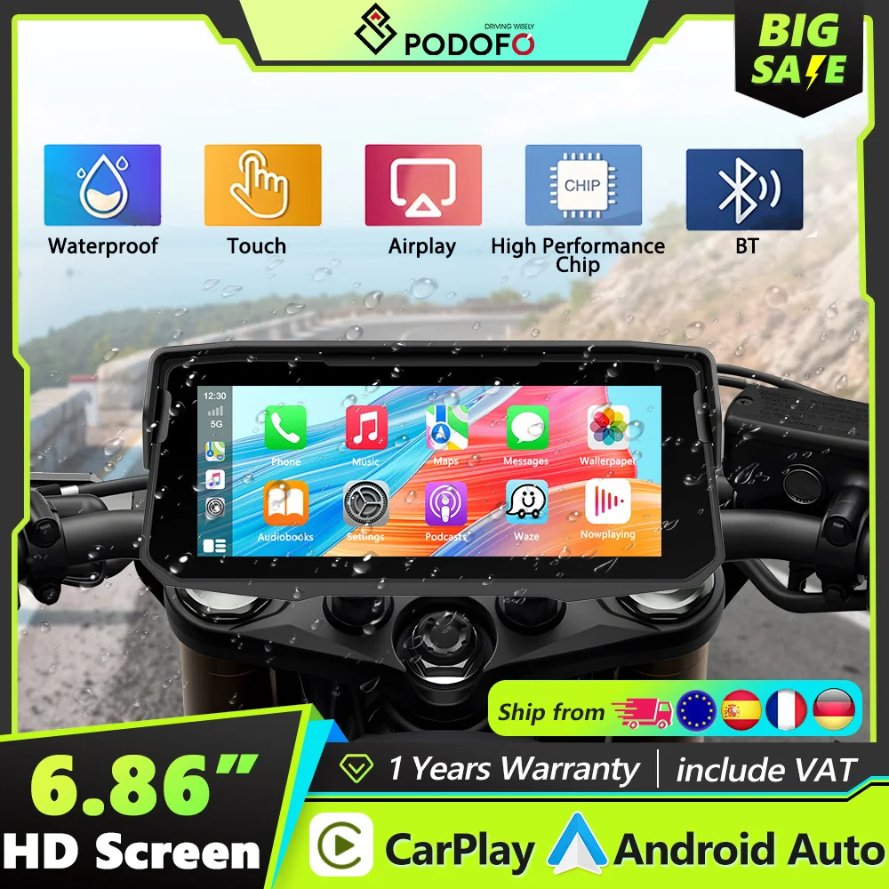 Podofo 6,86'' Carplay Motorrad-Monitor Android Auto Airplay Android Cast Tragbarer Monitor IP68 Wasserdicht Verstellbare Halterung Image