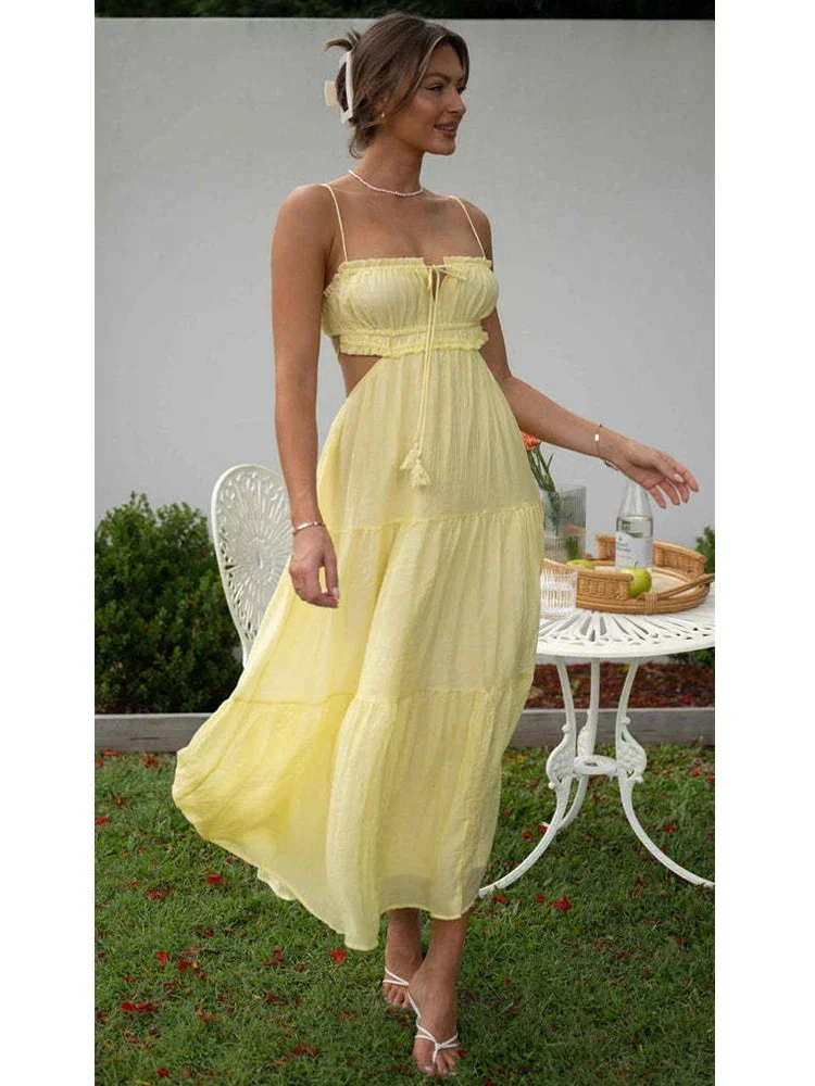 Foridol träger loses gelbes weißes Sommerkleid für Frauen eleganter Urlaubs strand Boho Maxi langes Sommerkleid rücken freie sexy Party Vestidos