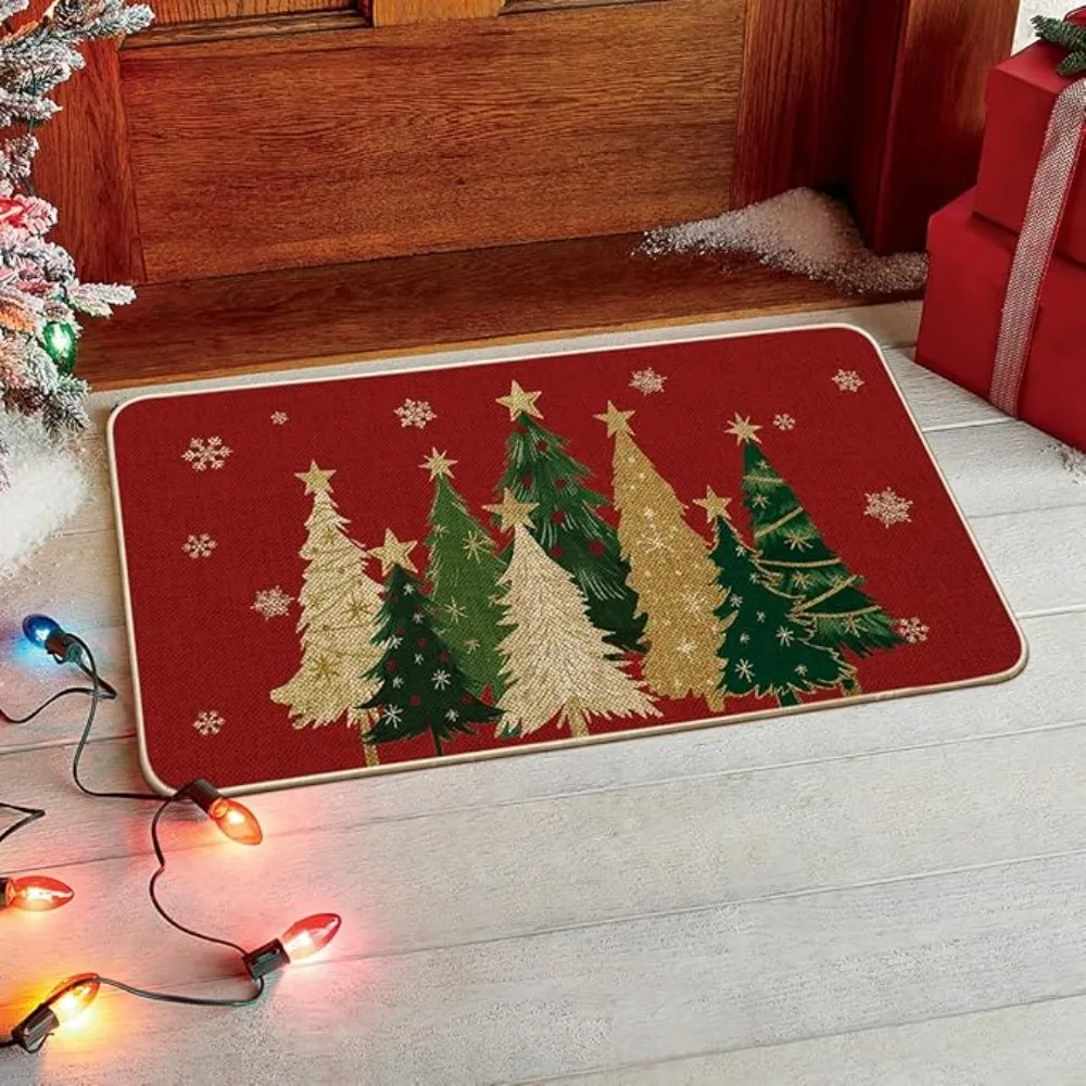 Weihnachtsteppich, Matte, Teppich, roter Hintergrund mit grünem Goldbaummuster, FROHE WEIHNACHTSText, rutschfeste Bodenmatte für Heimdekoration Image