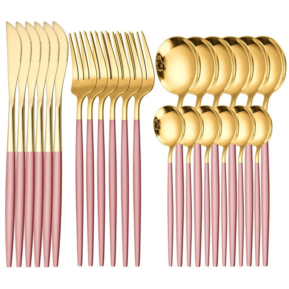 4/24-teiliges Besteckset aus Edelstahl, luxuriös in Gold und Puderfarben, inklusive Messer, Gabel und Löffel, geeignet für Partys. Image