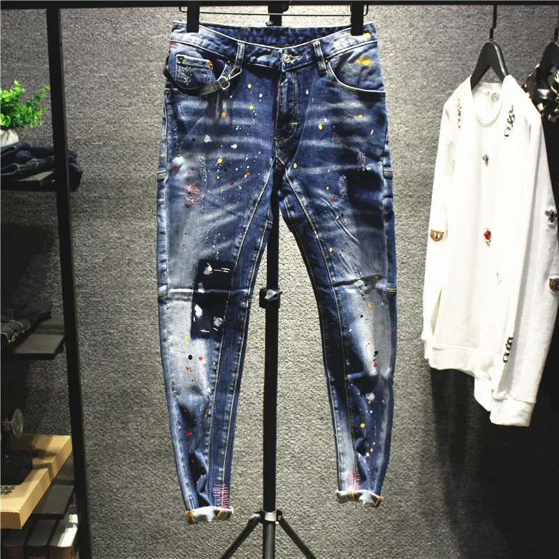 Y2K Mode Männer Jeans Retro Blau Stretch Slim Fit Gemalt Zerrissene Jeans Männer Gespleißt Designer Hip Hop Vintage Denim Hosen Homme