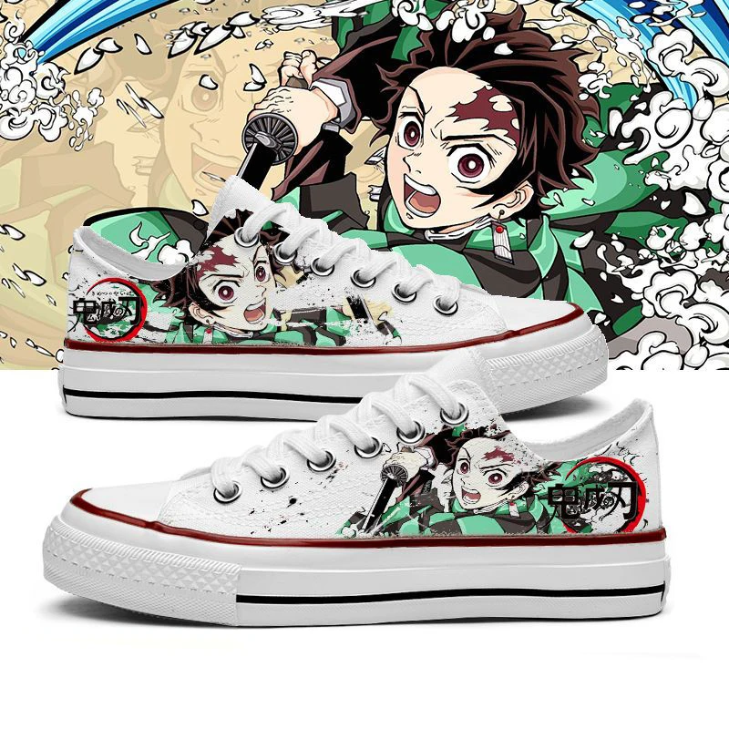 Demon Slayer Fashion Canvas-Schuhe, niedrig geschnittene, atmungsaktive Turnschuhe, Graffiti-Druck, Teen Anime, weiße Schuhe, Kamado Tanjirou, Weihnachtsgeschenk