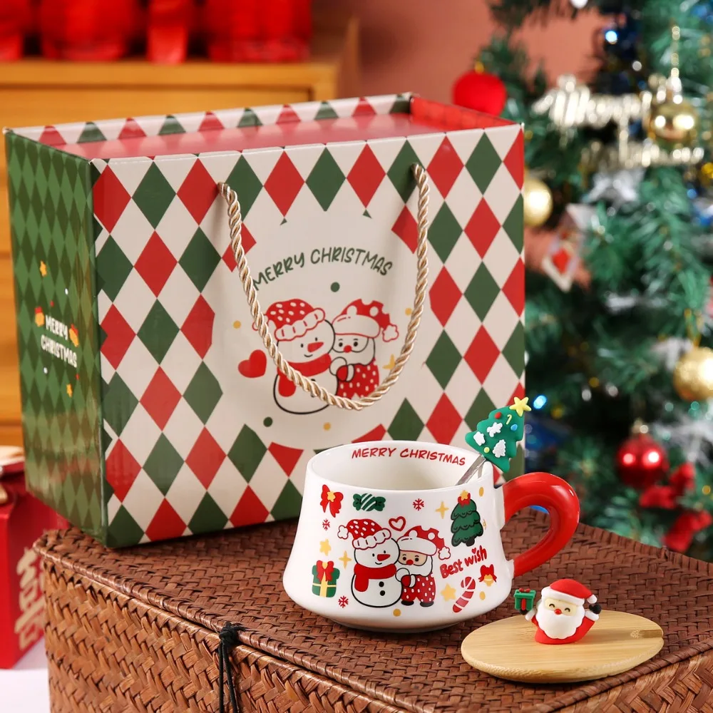 Weihnachtstassen, Keramiktassen mit Deckel, Büro-Kaffeetassen, Haushaltswasserbecher, Weihnachts-, Geburtstags- und Festivalgeschenke Image