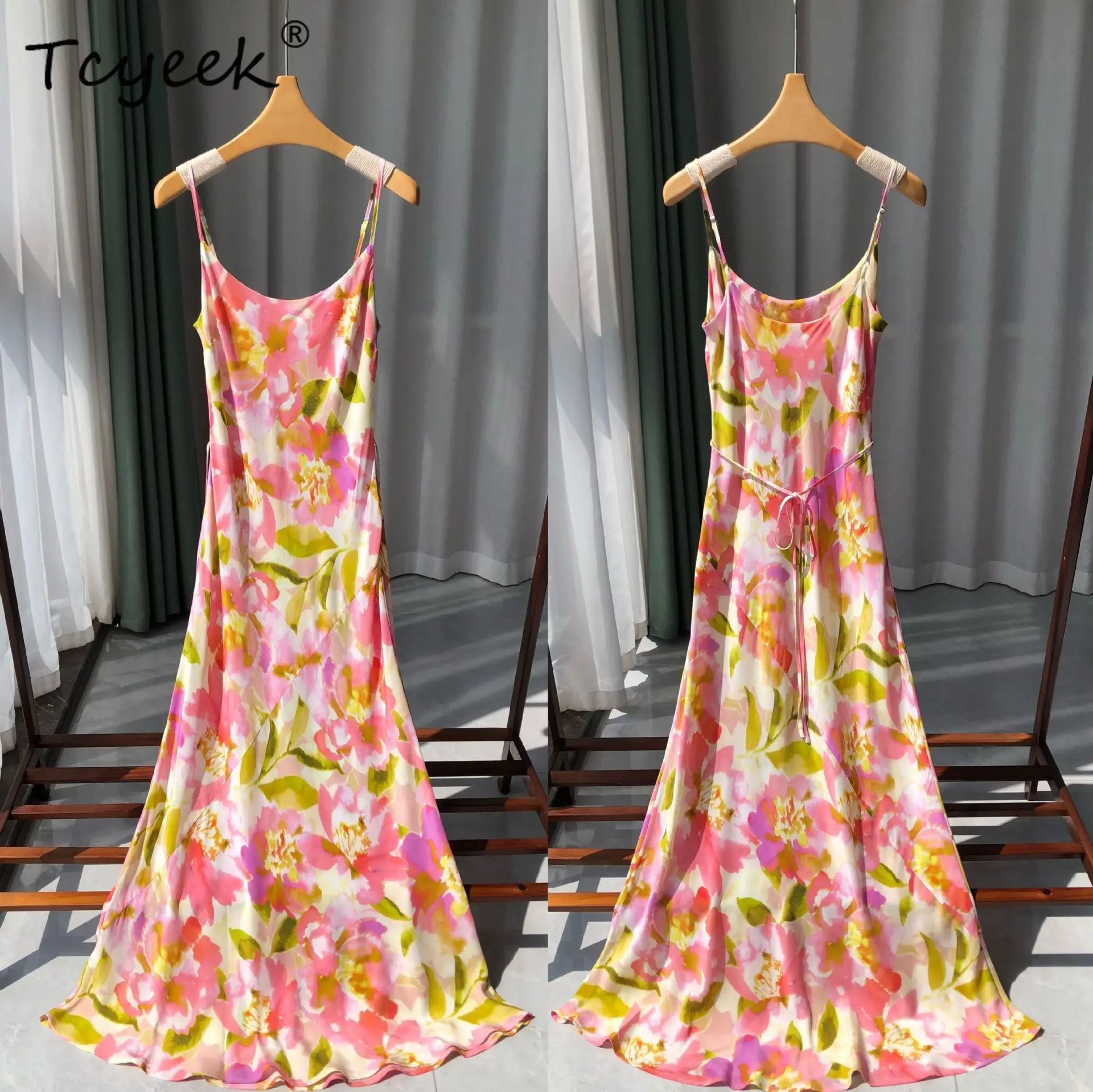Tcyeek, 17 mm, 100 % echte Seide, sexy süße Kleider, Damen-Blumendruck, Party-Mode, elegantes Spaghetti-Kleid, 2024 Sommer D455129QM