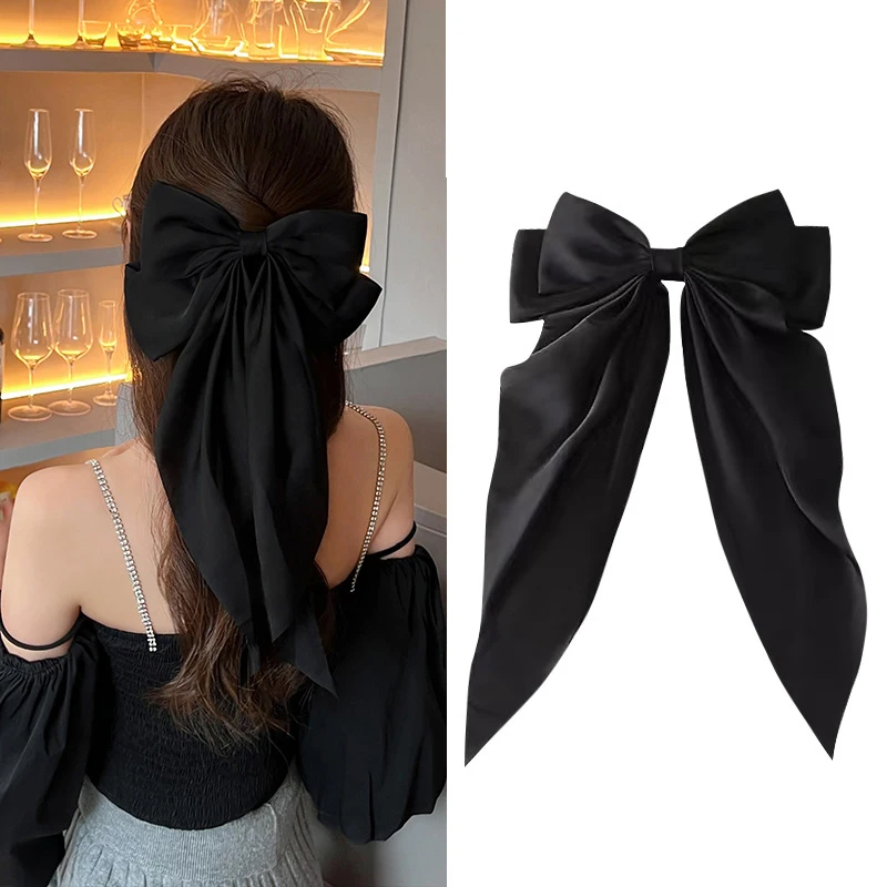Für Frauen Elegante Mode Einfache Feste Satin Pferdeschwanz Bogen Haarnadel Mädchen Haar Zubehör Rot Streamer Große Schleife Band Haar Clip