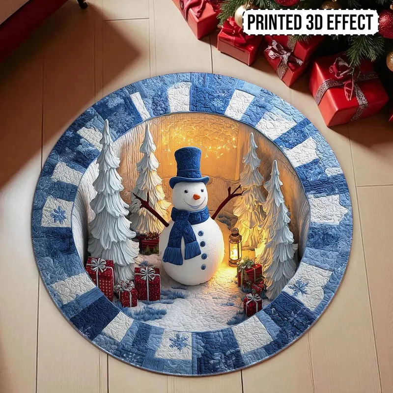 3D-Schneemann, runder Weihnachtsteppich, blauer Winterteppich, Urlaub, Schneeszene, Bodenmatte mit Laterne und Geschenken, gemütliche Weihnachtsdekoration Image