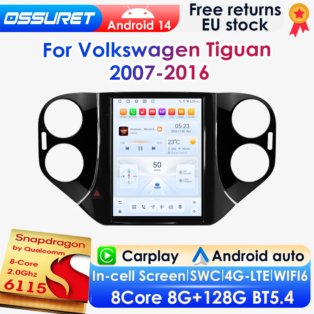 2 DIN 9,7 Zoll Vertikalbildschirm Android 14 Autoradio für Volkswagen Tiguan 1NF Golf 5 2007-2016 Auto-Multimedia-GPS-Player Wireless Carplay Android Auto 4G DSP BT Mirror Link SWC 360-Grad-Kamera Image
