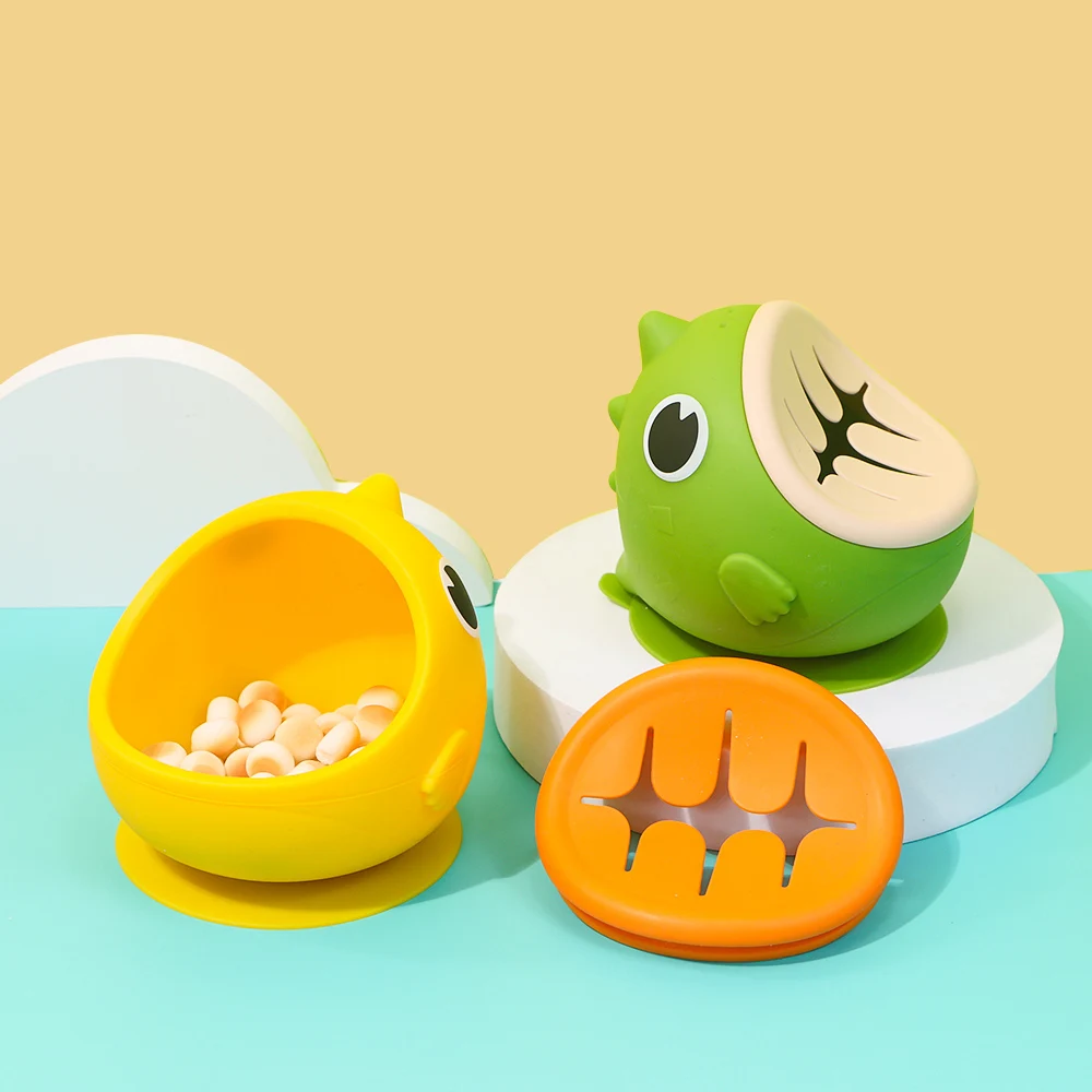 Cartoon-Baby-Saugnapf-Schüssel für Beikost, Dinosaurier-Silikonschüssel, dampfbar, sturzsichere Snackschüssel, Kindergeschirr