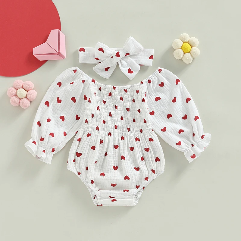 0-18M Baby Mädchen Valentinstag Strampler Herz Druck Langarm U-Boot-Ausschnitt Overalls Säugling Frühling Herbst Bodys mit Stirnband Image