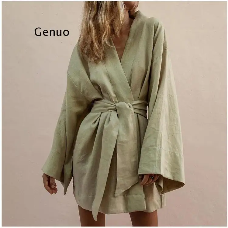 Lace Up frauen V-ausschnitt Kimono Strickjacke Mini Kleid Baumwolle Leinen Langarm Schärpen Dresse Robe Stil Sommer Lose Vestidos Image