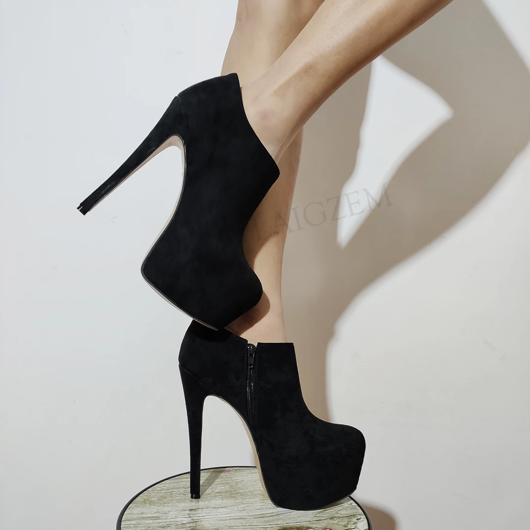 LAIGZEM Damen-Knöchel-Plateaustiefel, Wildlederimitat, High Heels, Stiefel, seitlicher Reißverschluss, handgefertigt, Damen-Botas-Schuhe, Damen, große Größe 38, 47, 52,