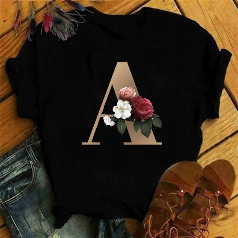 Maycaur neue benutzer definierte Name Buchstaben Kombination Frauen T-Shirt Blume Brief Schrift a b c d e f g Kurzarm Kleidung Frau T-Shirts Tops