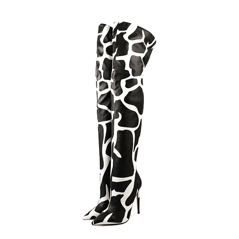 Stilvolle Frauen Giraffe Print Moderne Stiefel Super High Heels Schuhe Spitzschuh Zurück Reißverschluss Frauen Oberschenkel Hohe Stiefel Große Größe 35-47