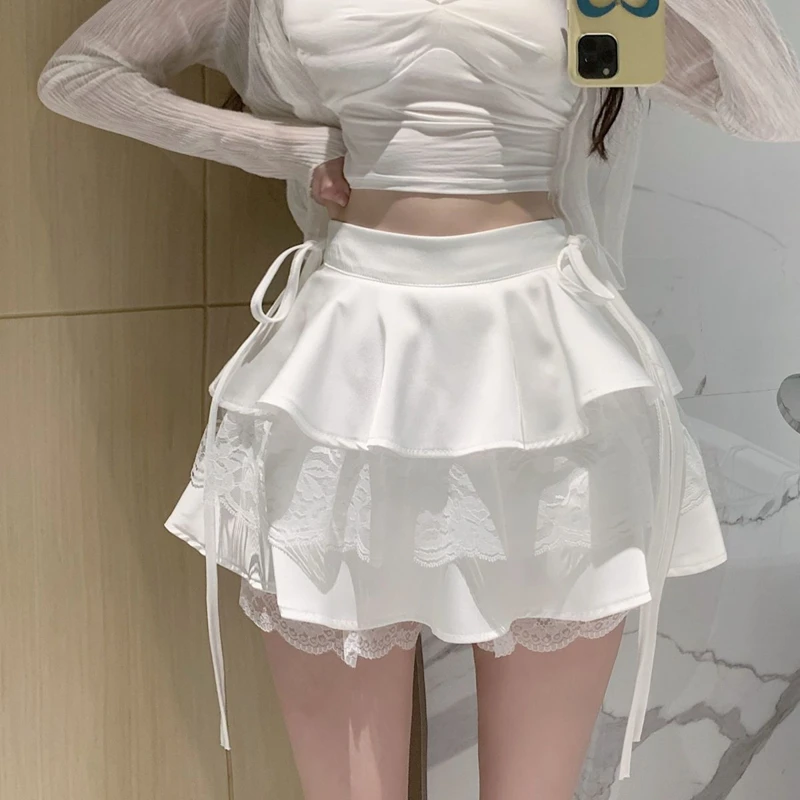Casual Süße Ballkleid Frauen Mini Rock Schwarz Hohe Taille Spitze Patchwork Y2k Kleidung Alle Spiel Rüschen Damen Weiße Shorts Rock