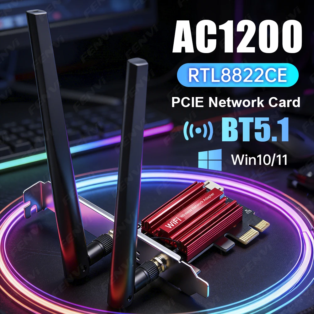 WiFi 5 AC1200 PCI-E Wireless-Adapter RTL8822CE BT 5.1 Dual Band 2,4G/5GHz 802.11AC Netzwerk-WLAN-Karte für Desktop Windows 10/11 Image