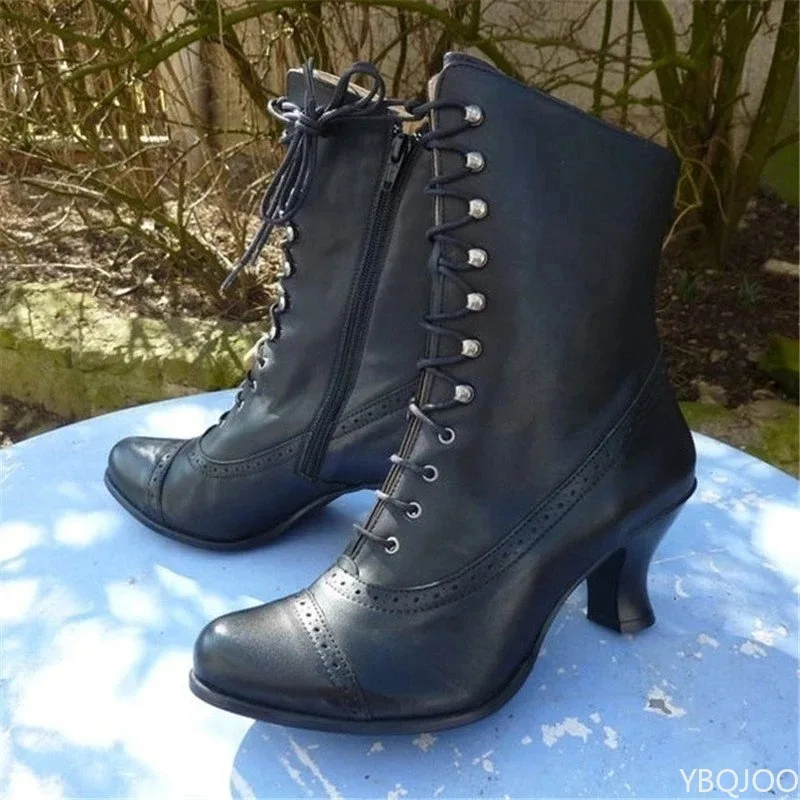 2025, Winter-Schnürschuhe für Damen mit hohen Absätzen, Motorradstiefel, viktorianische Stiefel, Damenmode, spitze Zehen, kurze Stiefel mit dicken Sohlen Image