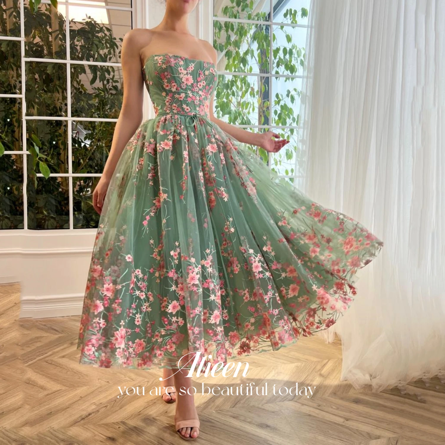 Abschlusskleid, langes Hochzeitskleid, Damen, elegant, luxuriös, Feenrock, Linie, eine individuelle Blumen, Coming of Age-Zeremonie, Grün Image