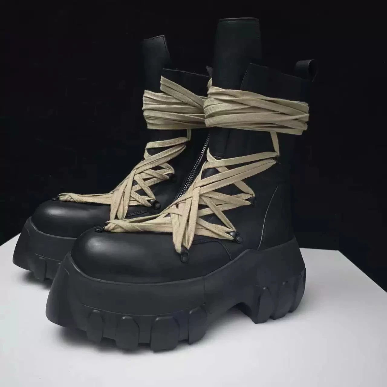 Plateau-Schuhe mit 7cm Dicker Sohle, Schnürung, Erstklassiges Rindsleder, ROCK High Street Reißverschluss-Qualitätsstiefel