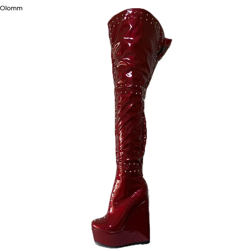 Olomm Frauen Plattform Sexy Nieten Oberschenkel Hohe Stiefel Keile High Heels Stiefel Runde Kappe 6 Farben Club Schuhe Frauen Plus UNS Größe 5-20