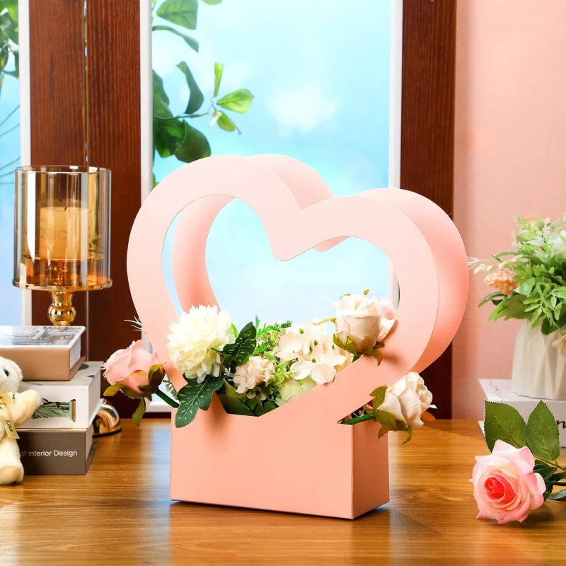 Herzförmiger Geschenkkorb, leere Hochzeitsstrauß-Aufbewahrungstasche mit Griff, geeignet für Partyzubehör (Rosa) Image