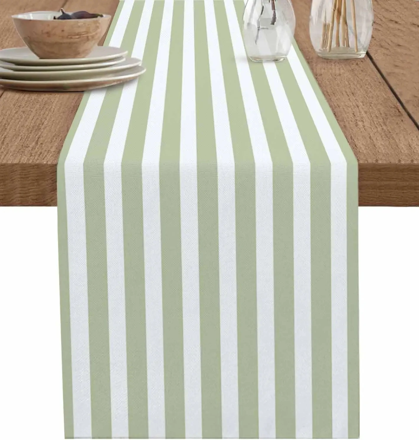Salbeigrün-weiß gestreifter Tischläufer, stilvoll, minimalistisch, für Esszimmer, Küchentisch, dekorativ, frisch, elegant, langlebig, hochwertig Image