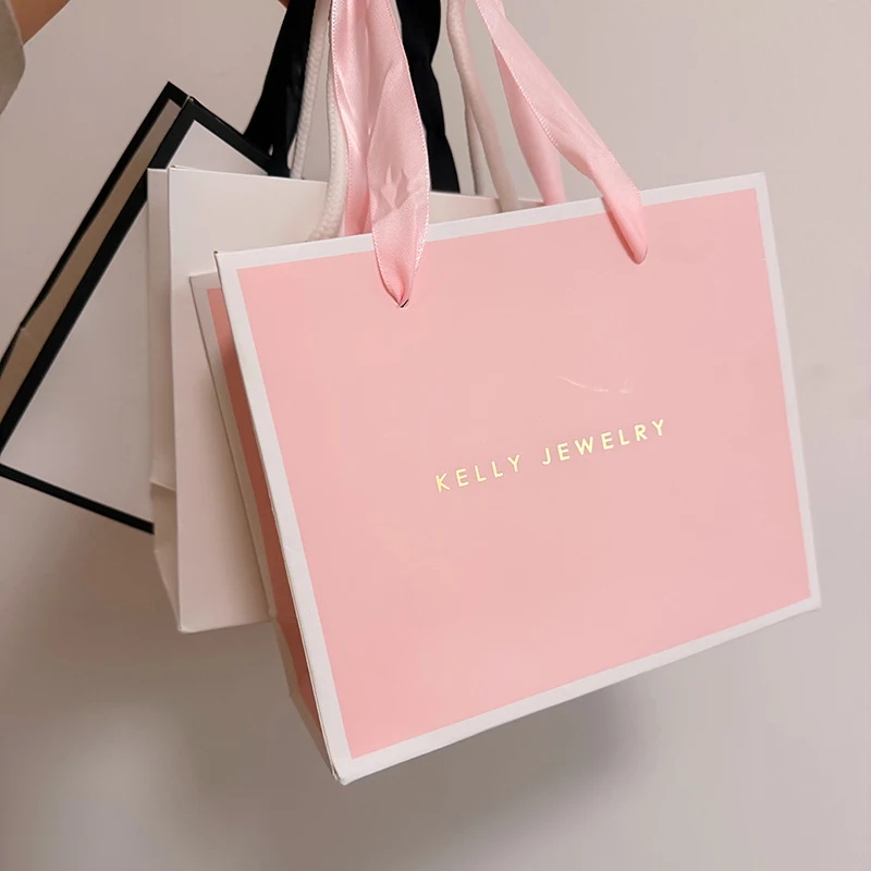 5/10 Stück, anpassbares Logo, weiße Tasche mit Goldprägung für kleine Unternehmen, Schmuck, Geschenkverpackung, Personalisierung, Hochzeitstaschen Image
