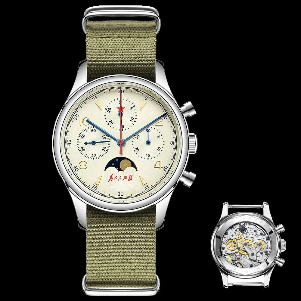 SEAKOSS 1963 Chronograph Saphir 40 mm Pilot Original ST1908 Möwenwerk mechanische Uhr Mondphase Mann Calenda Armbanduhr Image
