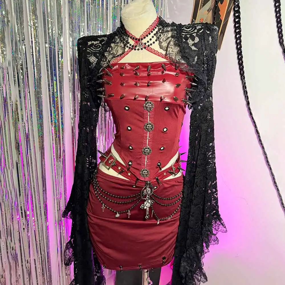 Rotes Gothic-Kleid für Damen Y2K Rave Cyber Punk Rock Goth Kreuz mit Spikes Scene Emo ALT Grunge Rave Festival E-Girls Kleidung