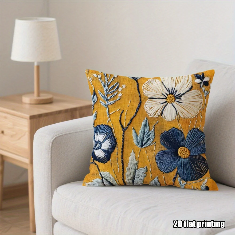 Doppelseitiger Kissenbezug im Vintage-Stil, gelber und blauer Wildblumen-Druck, weicher Boho-Kissenbezug für die Inneneinrichtung
