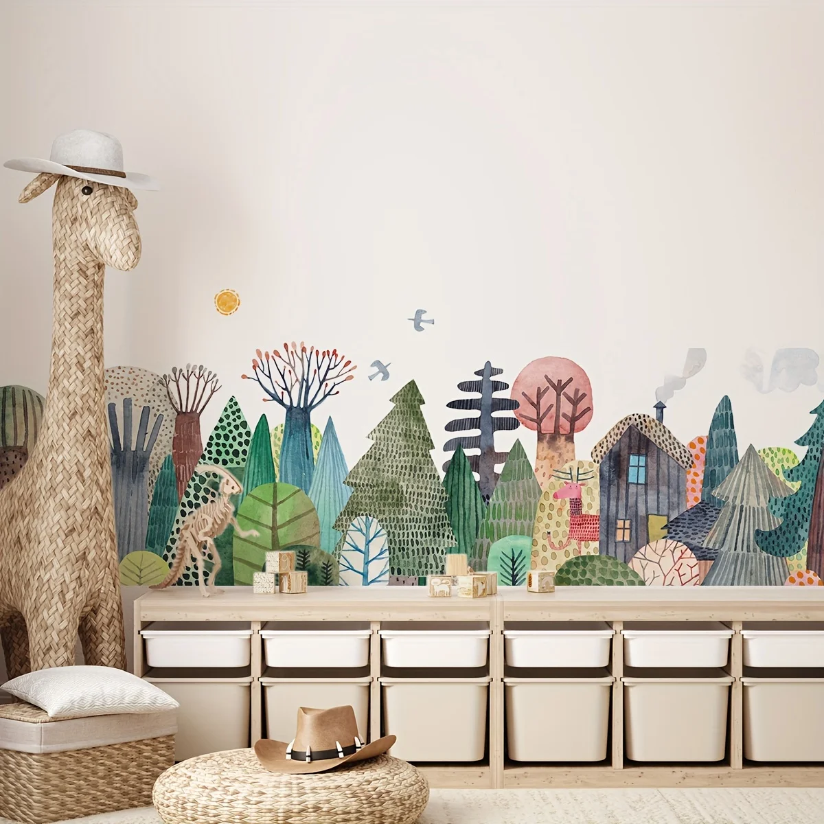 1 Stück Aquarell Wald Grün Muster Wanda uf kleber, Wohnzimmer Schlafzimmer durchscheinende selbst klebende Kunst Tapete