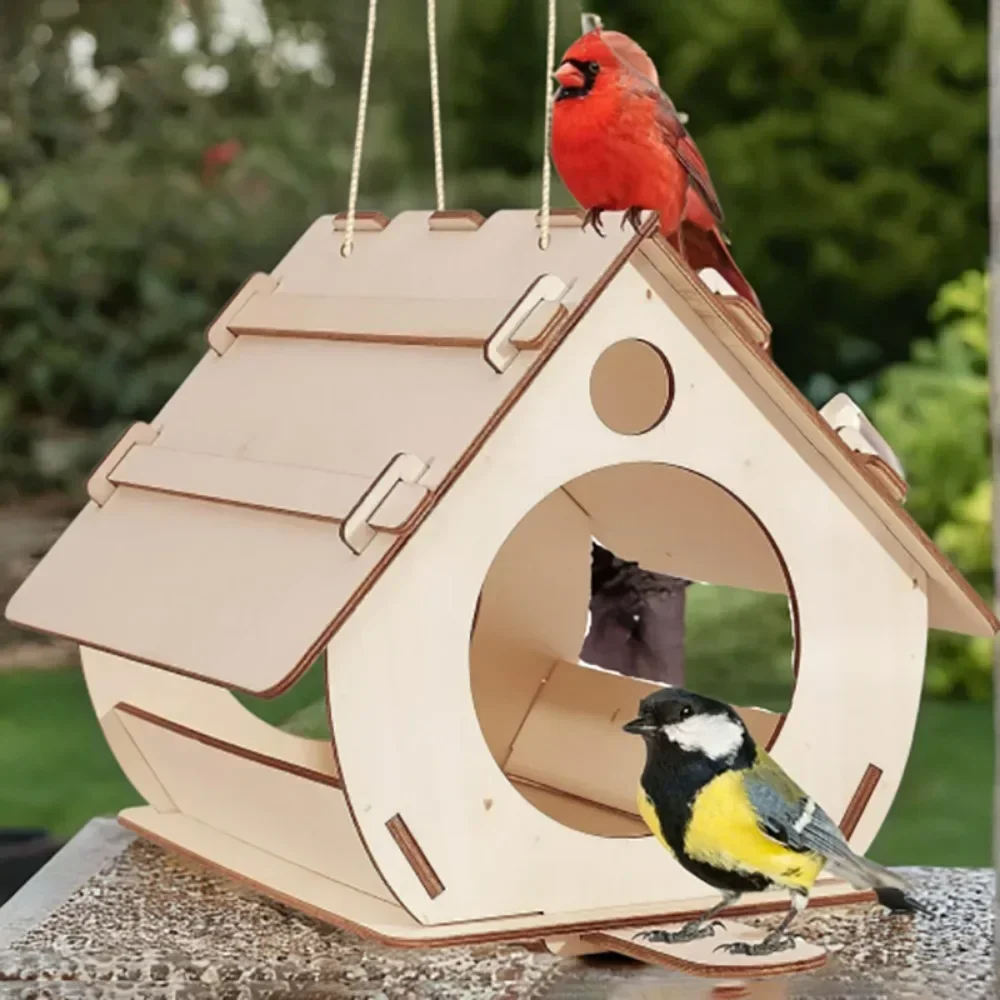 Hängende Vogelfutterspender aus Holz, Voliere, DIY zusammengebaute dekorative Futterspender für den Garten im Freien, Vogelkäfig-Vogelhaus Image