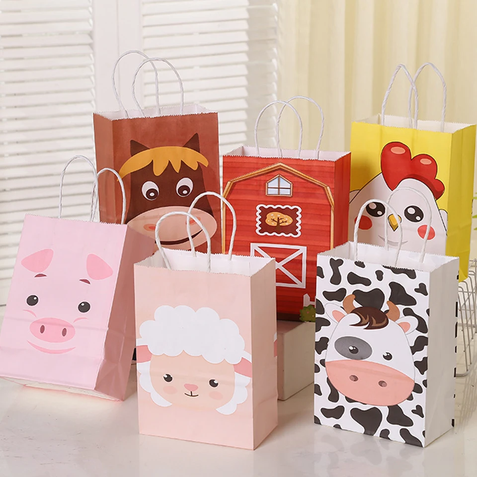 6PCS Karton Ackerland Tier Süßigkeiten Taschen Papier Handwerk Kraft der Verpackung Tasche für Kinder Bauernhof Themen Tier Geburtstag Party liefert Image