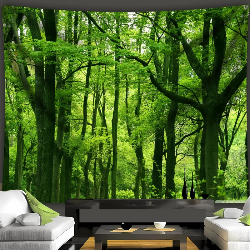 Lebendiger und friedlicher Waldlandschafts-Wandteppich aus Polyester, Wandbehang für Wohnzimmer, Schlafzimmer, Büro, Zuhause, Raumdekoration, Partydekoration Image