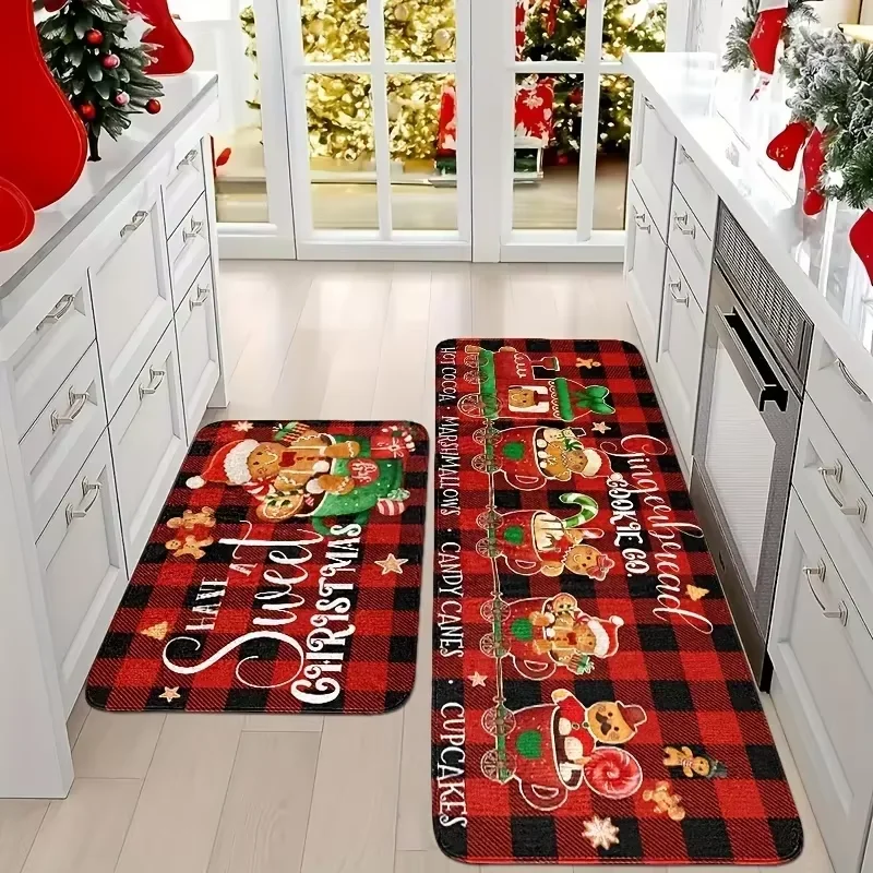 VIKAMA 1/2 Stück Weihnachts-Lebkuchenmann-Küchenteppich, weiche, rutschfeste Matte, Flur, Waschküche, Heimdekoration Image