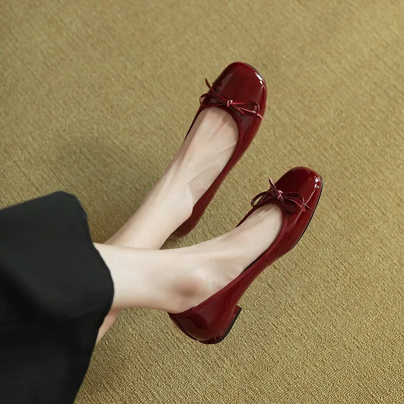 Frauen Retro Sanfte Bowknot Flache Schuhe Koreanische Mode Elegante Rote Karree Stiletto Pumps Herbst Kleid Loafer Casual Schuhe