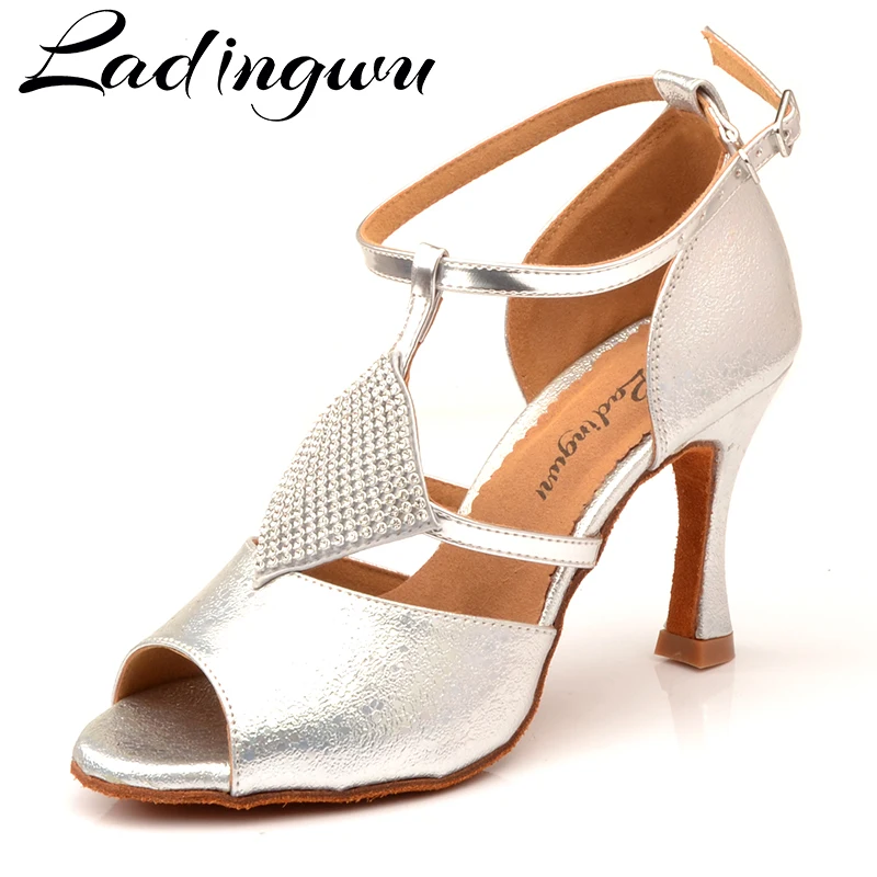 Ladingwu Tanz Schuhe Latin Frauen Elegante design Salsa Tanz Schuhe Silber textur PU Ballroom Dance Schuhe Sotft Boden Sandalen