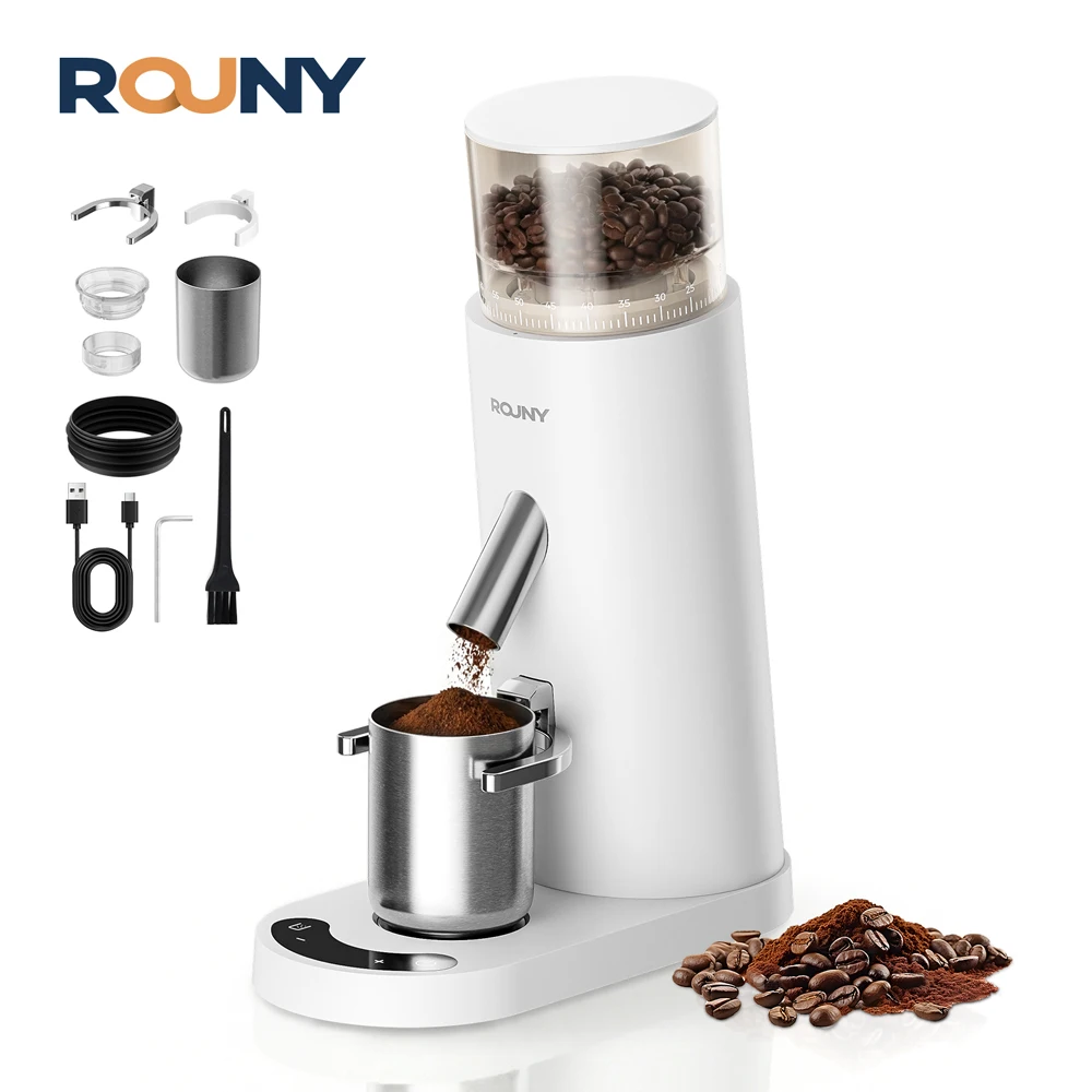 ROUNY Kabellose Kaffeemühle Elektrisch mit 60 Mahlgradstufen, USB-C Aufladbar, LED-Touchsteuerung, Niedrigtemperatur-Mahlung, Weiß Image