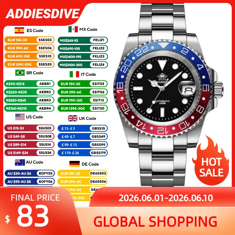 ADDIESDIVE Saphirglas automatische mechanische Uhr Japan 8215 Edelstahl AD2503 Reloj Hombre wasserdicht NEUE Taucheruhren Image