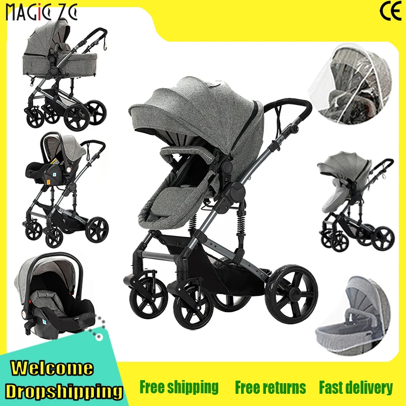 Multifunktionaler Tragbarer Kinderwagen 3-in-1 Hochsicht-Kinderwagen mit Autositz Beidseitig Schiebbares Reisesystem Neugeborenen-Kinderwagen Neu Image