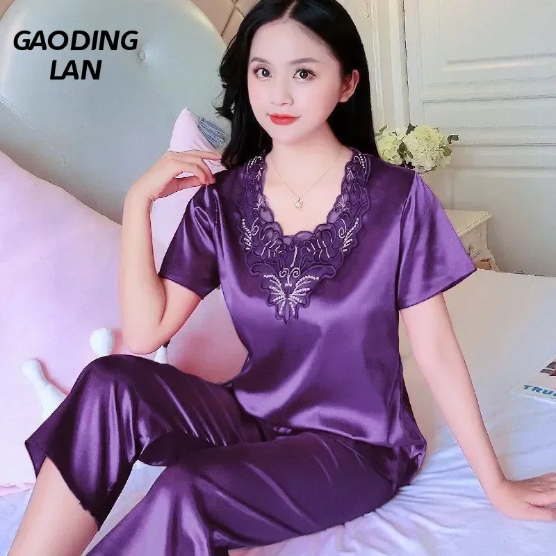 Sommer Frauen Kurzarm V-ausschnitt Pyjamas Set Große Größe Spitze Hause Kleidung Imitation Seide Nachtwäsche Hosen Nachtwäsche Anzug M-3XL