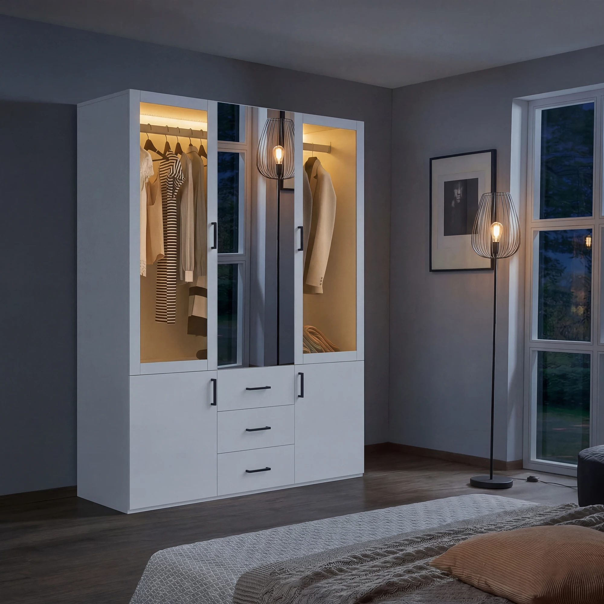 Anajqaqia 1,3M Weißer Kleiderschrank mit Spiegel, LED-Beleuchtung, 2 Türen, 3 Schubladen & Kleiderstange, Freistehender Schlafzimmer-Aufbewahrungsschrank für Kleidung, Moderner Organizer Image