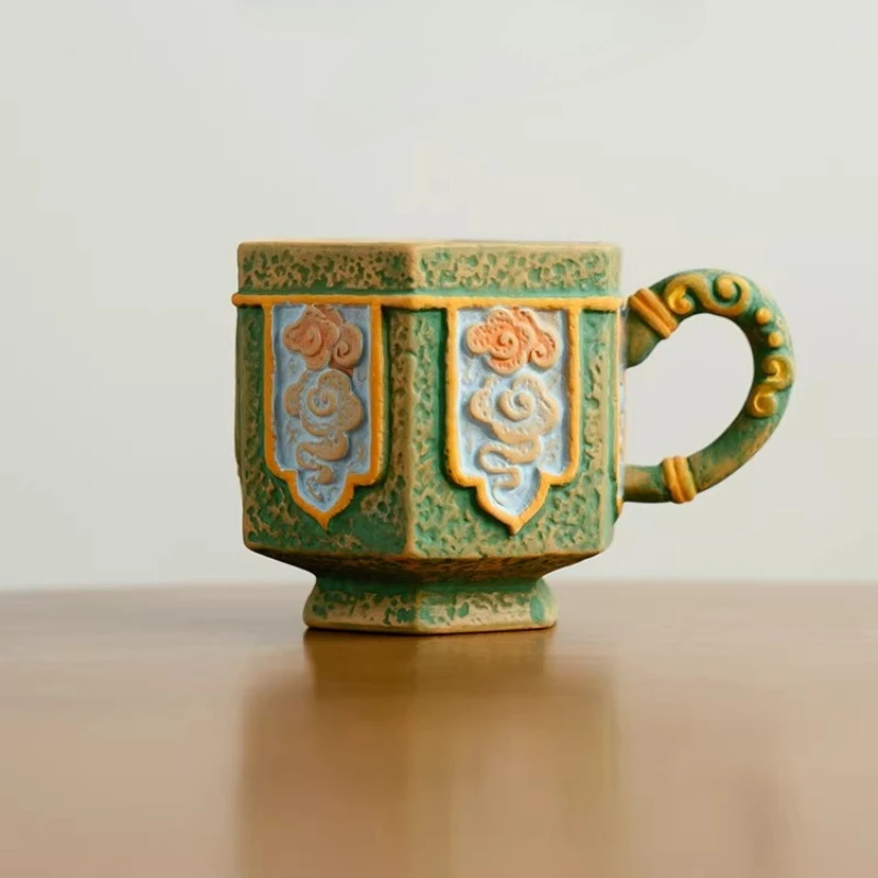 Teacup Ceramic Clay Painting Relief Auspicious Cloud High Foot Hexagonal Cup Tea Set Household Tea Products
