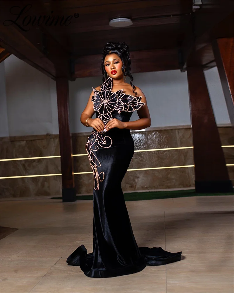 2024 schwarze Samt Meerjungfrau maßge schneiderte Anlass Kleider lange afrikanische Frauen elegante Abendkleider maßge schneiderte Perlen Abschluss ball Party kleid